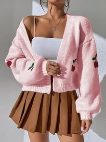 SHEIN Raffinéa 樱桃刺绣灯笼袖长袖开衫，女士春秋休闲刺绣主教袖超大号淡粉色水果蔬菜女士开衫，休闲日常穿着 - 淺粉色 - 查看 8