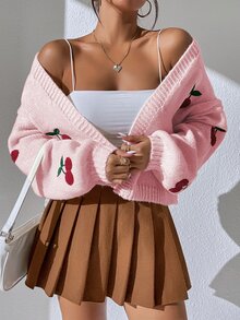 SHEIN Raffinéa 樱桃刺绣灯笼袖长袖开衫，女士春秋休闲刺绣主教袖超大号淡粉色水果蔬菜女士开衫，休闲日常穿着 - 淺粉色 - 查看 7