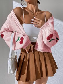 SHEIN Raffinéa 樱桃刺绣灯笼袖长袖开衫，女士春秋休闲刺绣主教袖超大号淡粉色水果蔬菜女士开衫，休闲日常穿着 - 淺粉色 - 查看 5