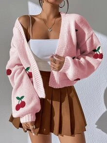 SHEIN Raffinéa 樱桃刺绣灯笼袖长袖开衫，女士春秋休闲刺绣主教袖超大号淡粉色水果蔬菜女士开衫，休闲日常穿着 - 淺粉色 - 查看 3