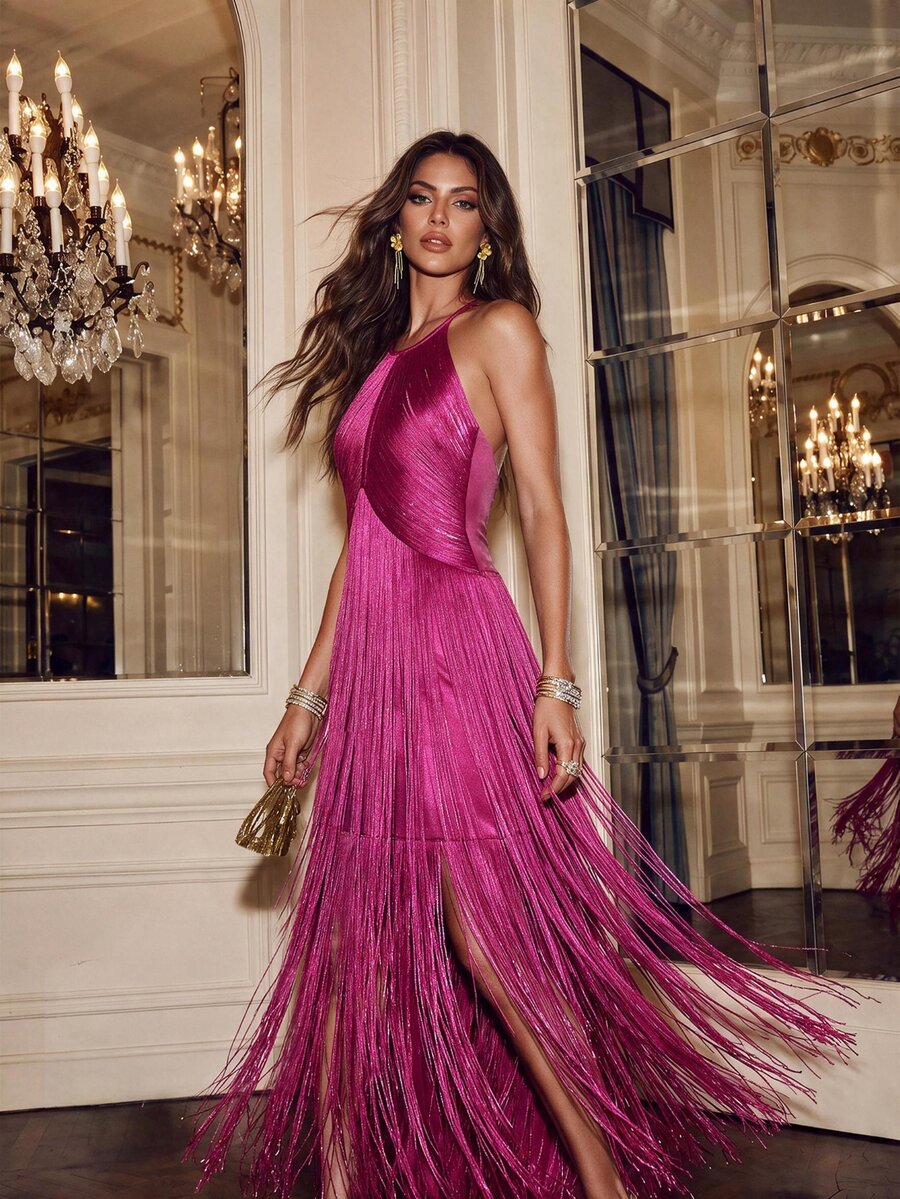 Anewsta Affair Elegant Vintage Bohemian Tassel Maxi Dress, Suitable For Spring, Summer, Holidays, Festivals, Beaches, Parties, And Easter - Hot Pink - View 1