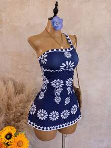 SHEIN Swim Pure Black One Shoulder Twist Front Ruched Waist Minimalist Elegant A-Line Skirt Wire-Free Removable Padded Women's Vacation Swimsuit Two Pieces - Navy Blue - View 5