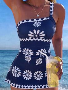 SHEIN Swim Pure Black One Shoulder Twist Front Ruched Waist Minimalist Elegant A-Line Skirt Wire-Free Removable Padded Women's Vacation Swimsuit Two Pieces - Navy Blue - View 3