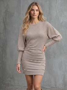 Glimmora Fashionable Elegance Defined Basic Round Neck Brown Stripe Fine Striped Print Batwing Long Sleeve Bodycon Ruched Design Dress Brunch Fall - Multicolor - View 5