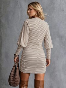 Glimmora Fashionable Elegance Defined Basic Round Neck Brown Stripe Fine Striped Print Batwing Long Sleeve Bodycon Ruched Design Dress Brunch Fall - Multicolor - View 2