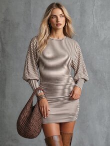 Glimmora Fashionable Elegance Defined Basic Round Neck Brown Stripe Fine Striped Print Batwing Long Sleeve Bodycon Ruched Design Dress Brunch Fall - Multicolor - View 1