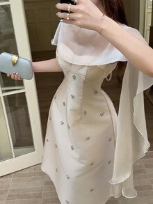 Feyla 女士水钻装饰披肩设计优雅中长连衣裙 - 杏色 - 查看 5