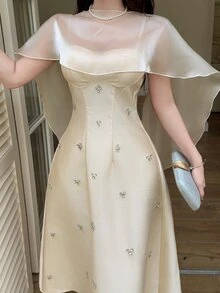 Feyla 女士水钻装饰披肩设计优雅中长连衣裙 - 杏色 - 查看 7