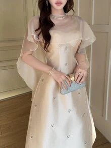 Feyla 女士水钻装饰披肩设计优雅中长连衣裙 - 杏色 - 查看 6