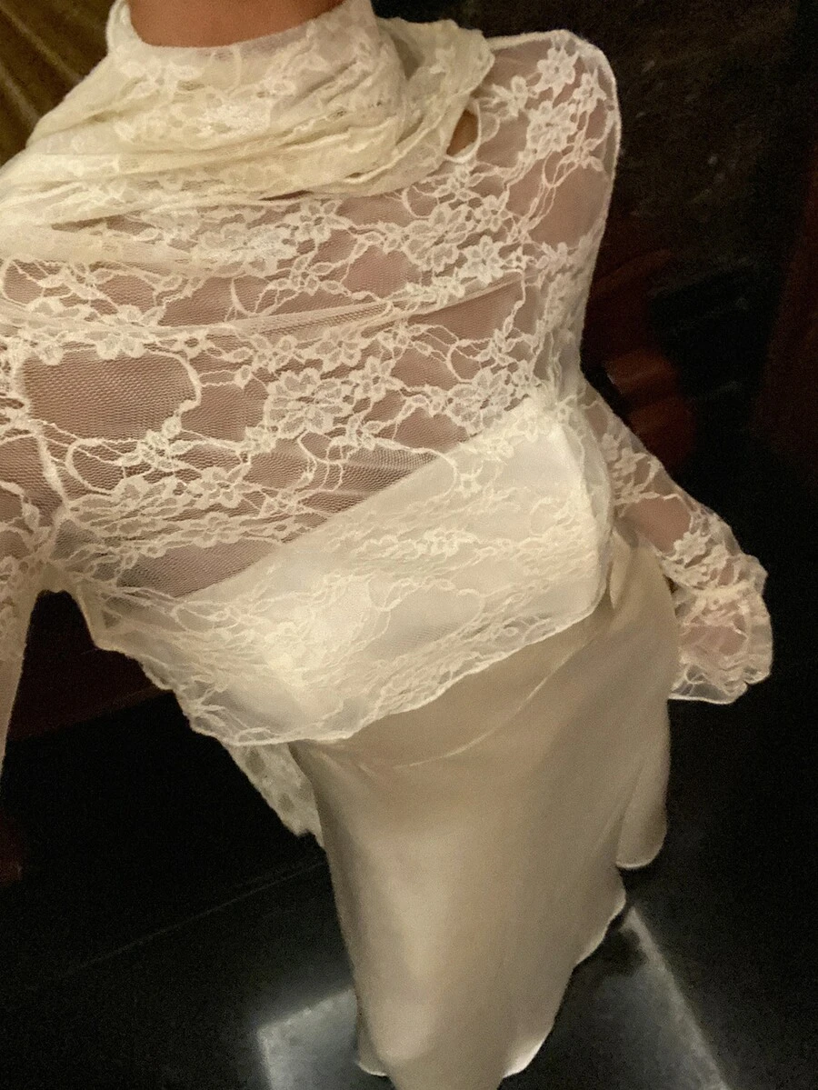 Strévra 女款蕾絲長袖上衣與裙子時尚兩件套,適合婚禮、夜晚晚餐、約會、茶會、花園,米色奶油白,秋季浪漫優雅 - 白色 - 查看 1