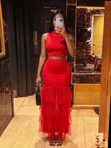 Zolique 纯色背心+网纱拼接裙荷叶边下摆两件套新年衣服 - 紅色 - 查看 4