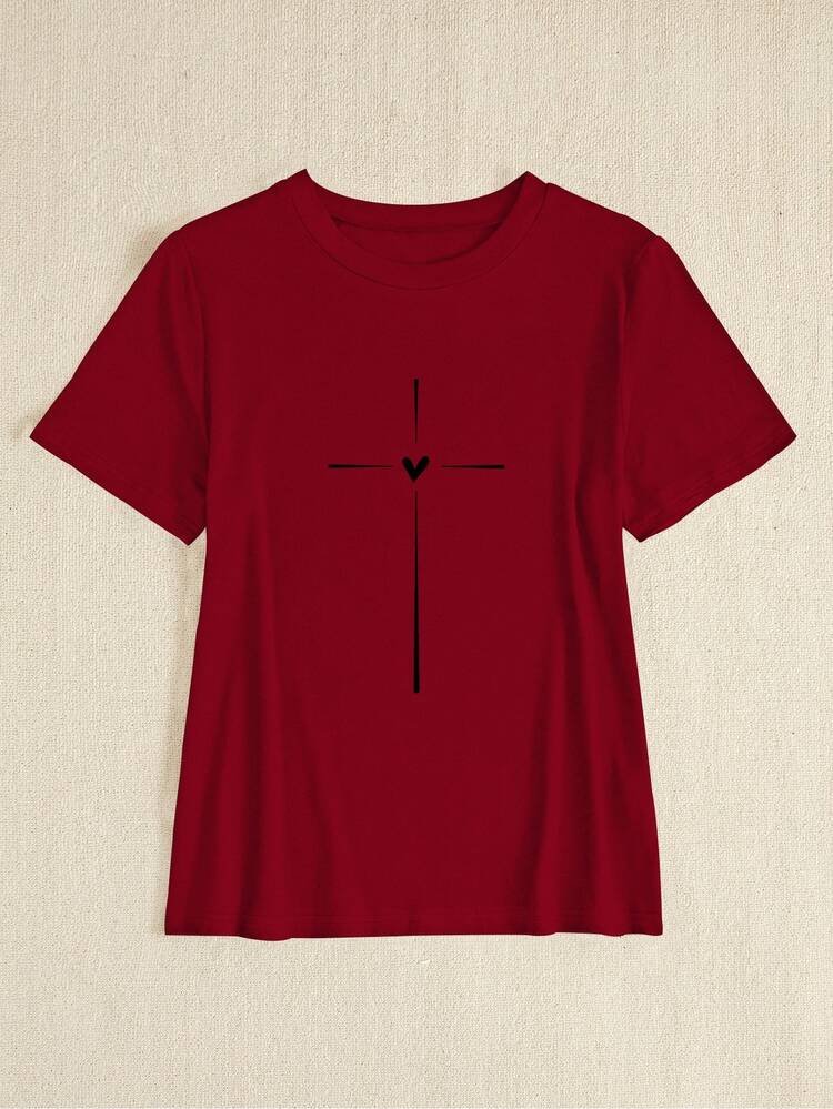 Zolique Women's Slim-Fit Casual Short Sleeve T-Shirt With Cross Pattern For New Year Clothes - Red - View 5