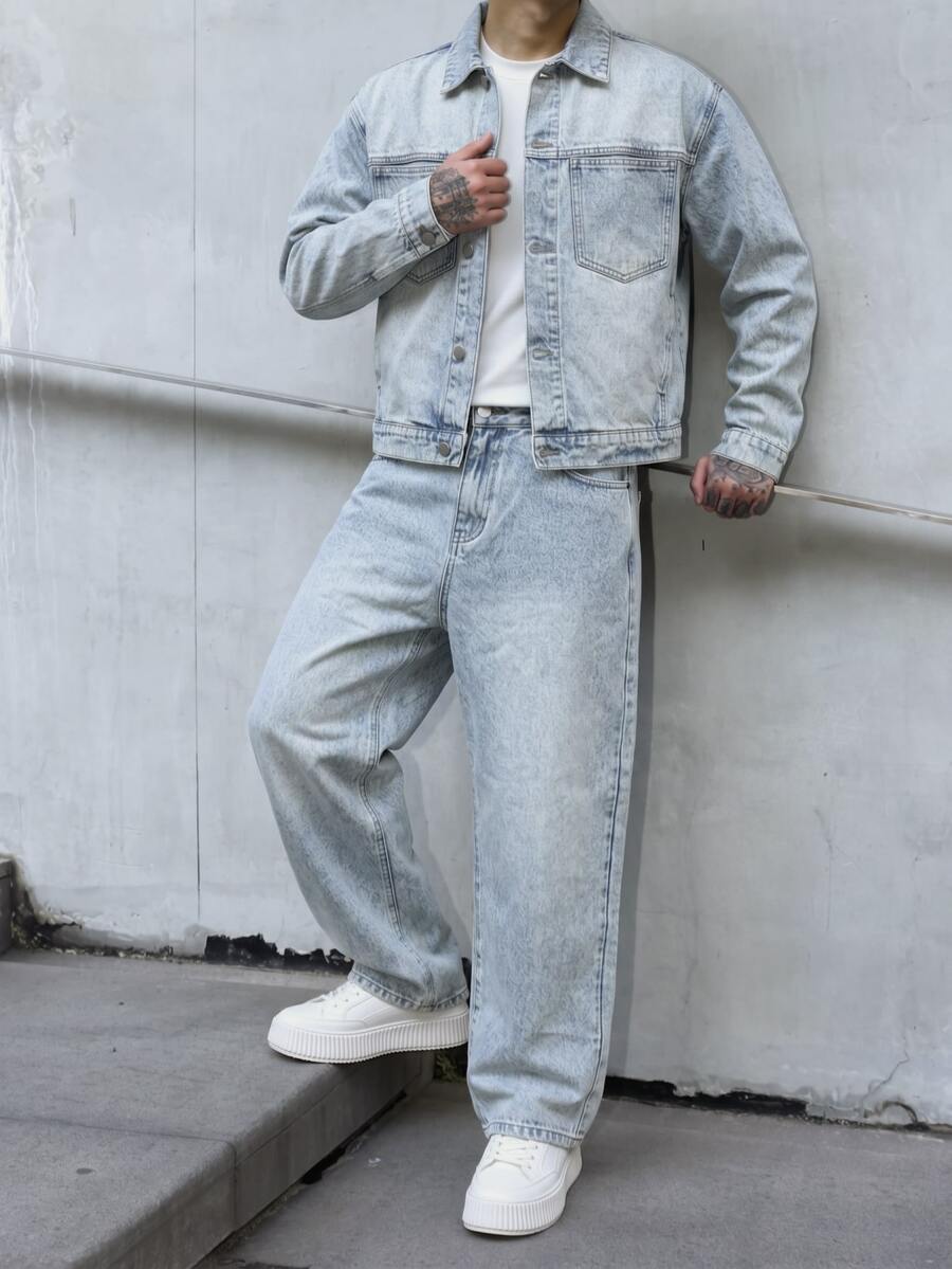 Manfinity EMRG Bộ đồ denim xanh phong cách streetwear thường ngày cho nam - Rửa nhẹ - Xem 1