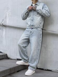 Manfinity EMRG Bộ đồ denim xanh phong cách streetwear thường ngày cho nam - Rửa nhẹ - Xem 4