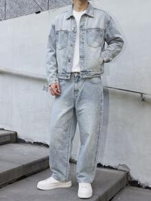 Manfinity EMRG Bộ đồ denim xanh phong cách streetwear thường ngày cho nam - Rửa nhẹ - Xem 3