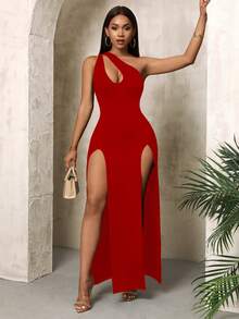Zolique Women's Solid Color Minimalist Daily Casual Slit Shoulder Dress For New Year Clothes Maxi Women Outfit - Red - View 4