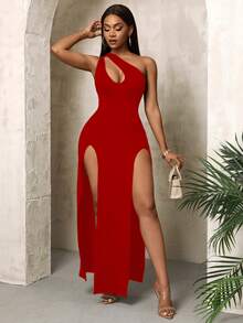 Zolique Women's Solid Color Minimalist Daily Casual Slit Shoulder Dress For New Year Clothes Maxi Women Outfit - Red - View 8