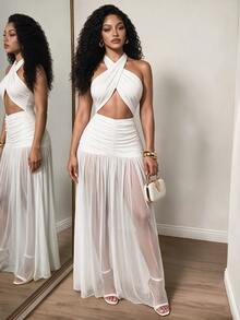Zolique Vestido largo hasta el suelo para mujer con cuello halter, malla, fruncido, espalda descubierta, color blanco roto, estilo sexy tropical de verano para vacaciones, noche y fiesta - Albaricoque - Ver 4