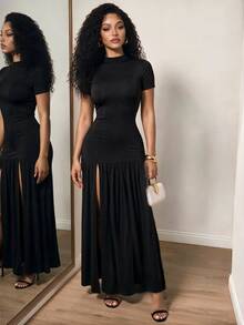 Zolique Black Semi-High Neck Long Dress, Short Sleeve Slim Fit Mesh Patchwork Fishtail Hem Sexy Elegant Style Dress Night Summer Halloween Night Out Party - Black - View 5
