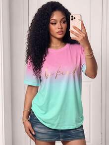 Zolique Women's Summer Short Sleeve Letter Print Ombre Color Casual T-Shirt - Red - View 1