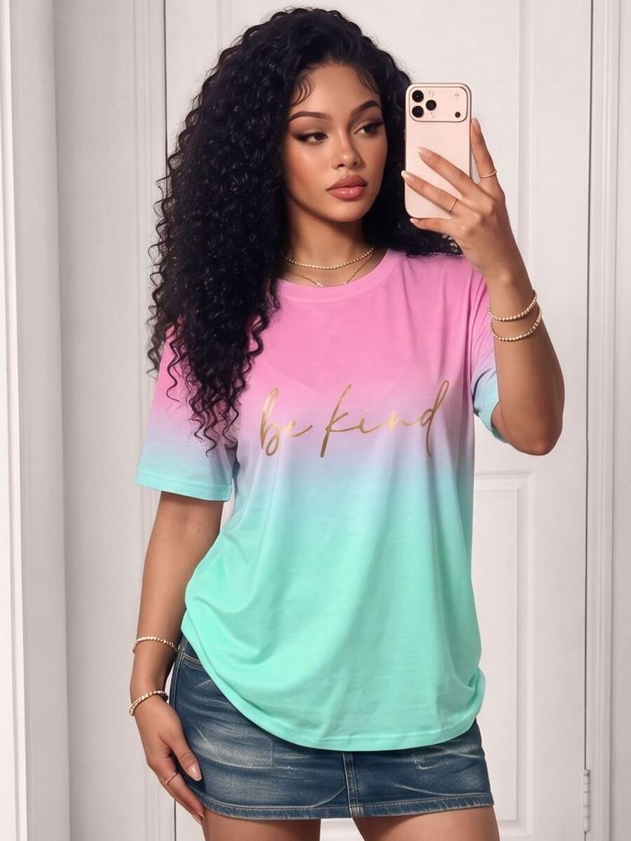 Zolique Women's Summer Short Sleeve Letter Print Ombre Color Casual T-Shirt - Red - View 1