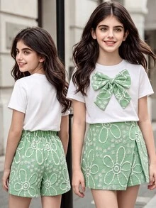 SHEIN 青少年女孩 2件組圓領 3D蝴蝶結裝飾短袖T恤與裙褲休閒日常度假套裝，夏季，可愛舒適白色 - 綠色 - 查看 3