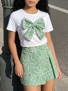 SHEIN 青少年女孩 2件組圓領 3D蝴蝶結裝飾短袖T恤與裙褲休閒日常度假套裝，夏季，可愛舒適白色 - 綠色 - 查看 6