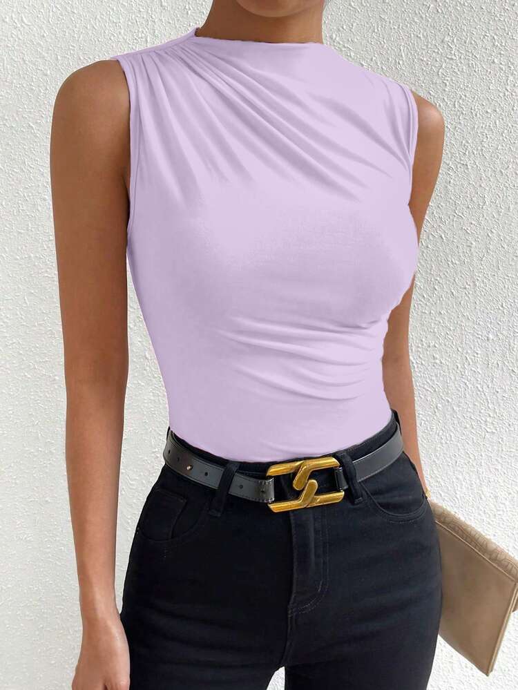 Zolique Women's Solid Color Pleated Slim Fit Casual Tank Top Everyday Lavender Summer - Mauve Purple - View 5