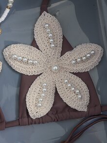 Swim Vcay Women's Summer Beach Party 3D Floral Decor Halter Tie Sexy Tropical Fashion Bikini Two Pieces Swimwear Set (Micro Triangle) Brown - Brown - View 6