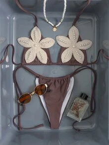 Swim Vcay Women's Summer Beach Party 3D Floral Decor Halter Tie Sexy Tropical Fashion Bikini Two Pieces Swimwear Set (Micro Triangle) Brown - Brown - View 5