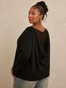 Travachic Plus Size Vintage Black Boat Neck Floral Lace Patchwork Ruched Backless Long Sleeve Top Fall - Black - View 2