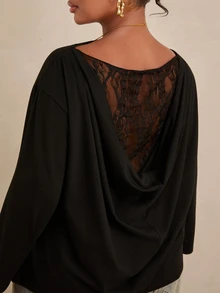 Travachic Plus Size Vintage Black Boat Neck Floral Lace Patchwork Ruched Backless Long Sleeve Top Fall - Black - View 7
