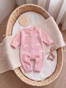 SHEIN Newborn Baby Bow Front Button Through Knit Autumn Winter Jumpsuit - Pink - View 3