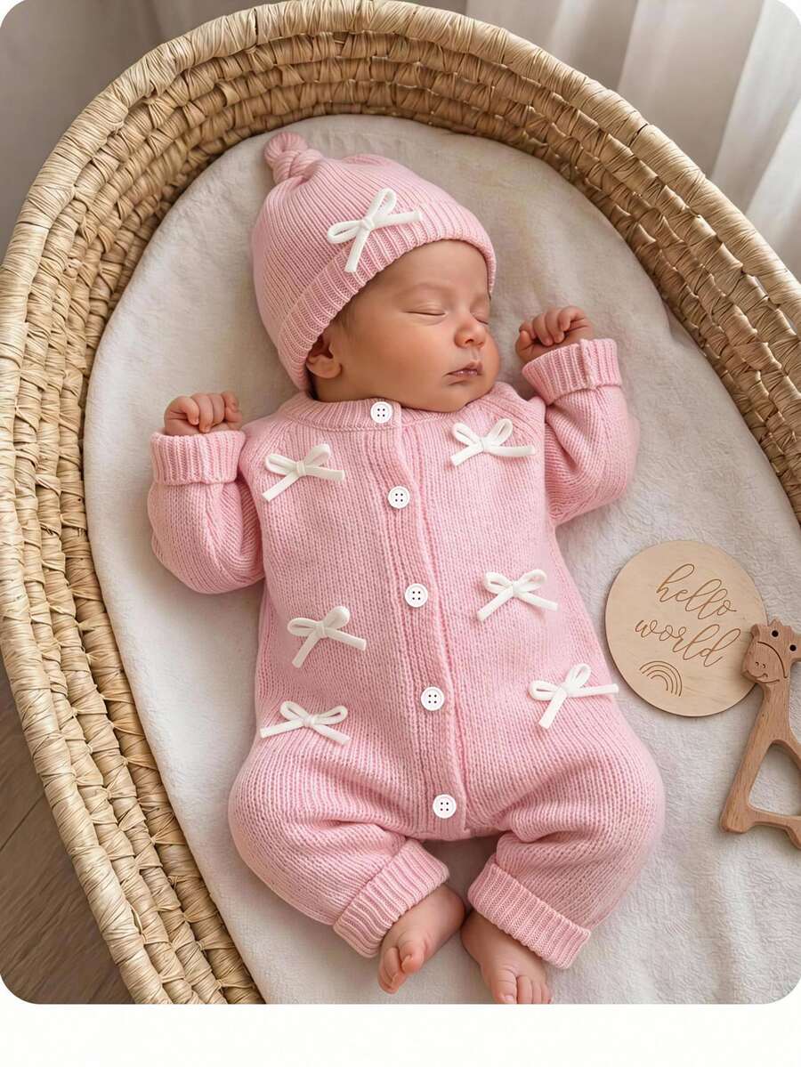 SHEIN Newborn Baby Bow Front Button Through Knit Autumn Winter Jumpsuit - Pink - View 1