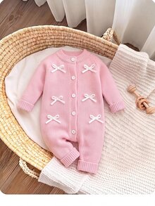 SHEIN Newborn Baby Bow Front Button Through Knit Autumn Winter Jumpsuit - Pink - View 7