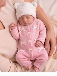 SHEIN Newborn Baby Bow Front Button Through Knit Autumn Winter Jumpsuit - Pink - View 5