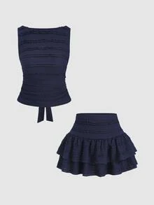 Sweetra Women's Solid Color Pleated Sleeveless Top And Mini Skirt 2 Pieces Set Navy Blue Blue - Blue - View 1