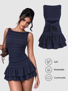 Sweetra Women's Solid Color Pleated Sleeveless Top And Mini Skirt 2 Pieces Set Navy Blue Blue - Blue - View 3