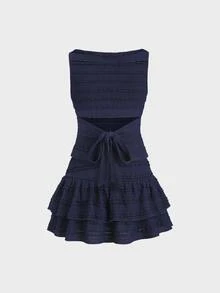 Sweetra Women's Solid Color Pleated Sleeveless Top And Mini Skirt 2 Pieces Set Navy Blue Blue - Blue - View 6