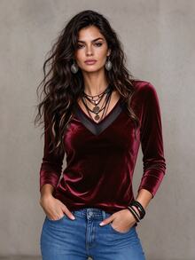 LUMIGAL Women's 2026 Autumn/Winter Sheer Neckline Patchwork Long Sleeve Base Layer T-Shirt - Burgundy - View 6