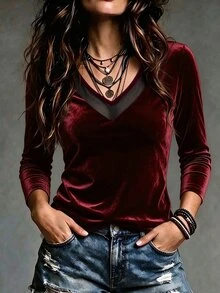 LUMIGAL Women's 2026 Autumn/Winter Sheer Neckline Patchwork Long Sleeve Base Layer T-Shirt - Burgundy - View 1