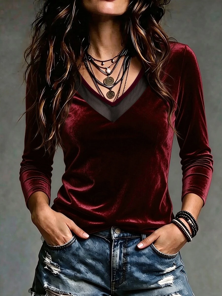 LUMIGAL Women's 2026 Autumn/Winter Sheer Neckline Patchwork Long Sleeve Base Layer T-Shirt - Burgundy - View 1