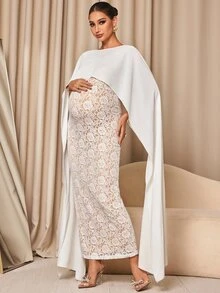 MaterniChic Maternity Round Neck Dress And Cape Top Casual 2 Pieces Set Fall - White - View 3