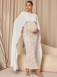 MaterniChic Maternity Round Neck Dress And Cape Top Casual 2 Pieces Set Fall - White - View 4