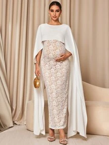 MaterniChic Maternity Round Neck Dress And Cape Top Casual 2 Pieces Set Fall - White - View 2