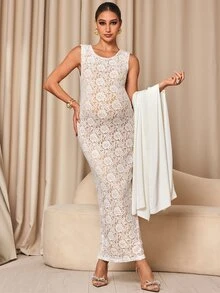 MaterniChic Maternity Round Neck Dress And Cape Top Casual 2 Pieces Set Fall - White - View 5