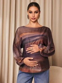 MaterniChic Maternity Fashion Striped Color Block Boat Neck Long Sleeve Blouse Suitable For Daily Wear Fall - Brown - View 3