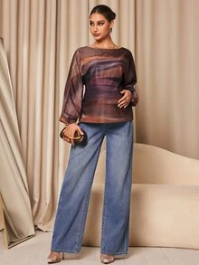 MaterniChic Maternity Fashion Striped Color Block Boat Neck Long Sleeve Blouse Suitable For Daily Wear Fall - Brown - View 5