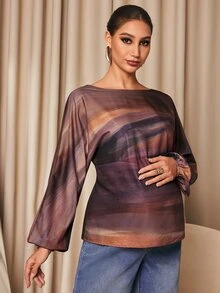 MaterniChic Maternity Fashion Striped Color Block Boat Neck Long Sleeve Blouse Suitable For Daily Wear Fall - Brown - View 4