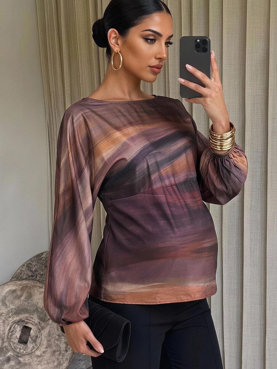 MaterniChic Maternity Fashion Striped Color Block Boat Neck Long Sleeve Blouse Suitable For Daily Wear Fall - Brown - View 1